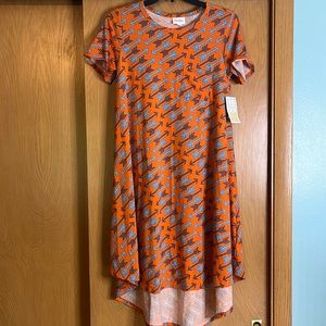 Lularoe orange with arrow pattern Carly style dress, size extra extra small.
